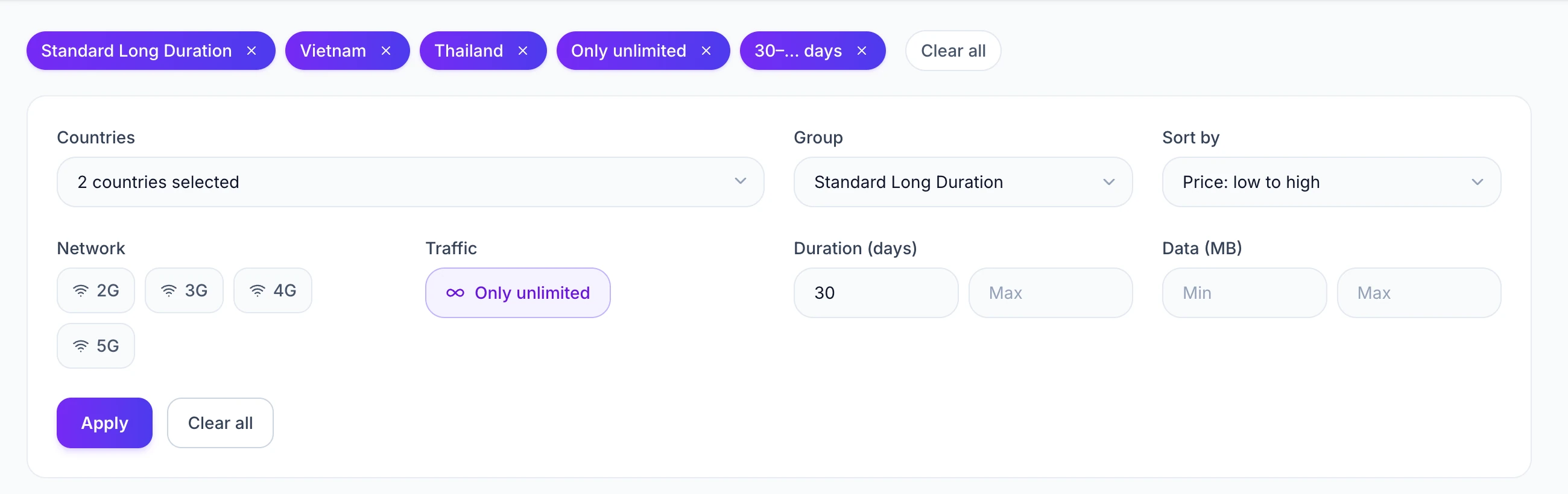 eSIMystic filters interface showing country selection, unlimited data toggle, duration and network filters