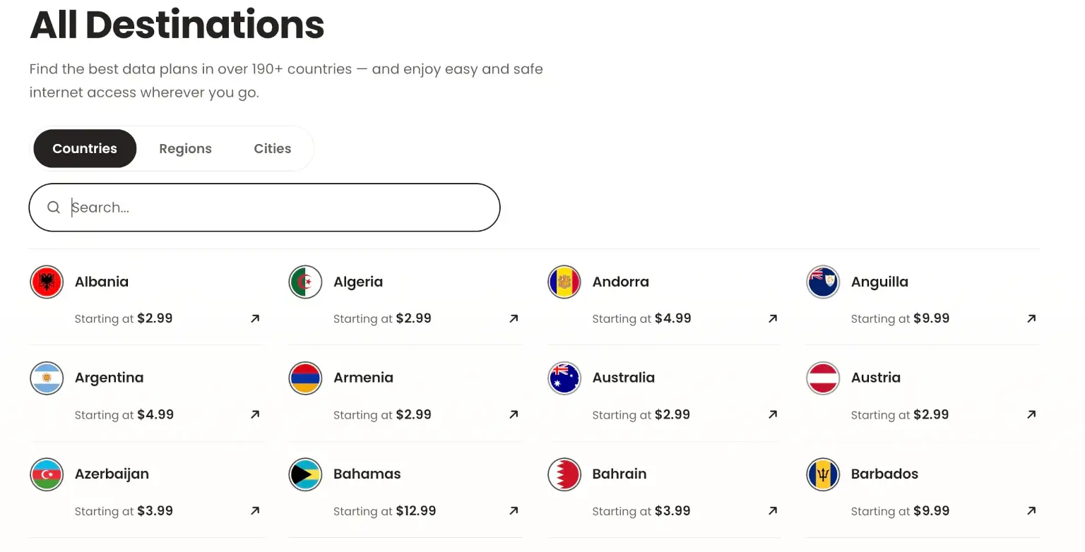 eSIMFOX country selection interface